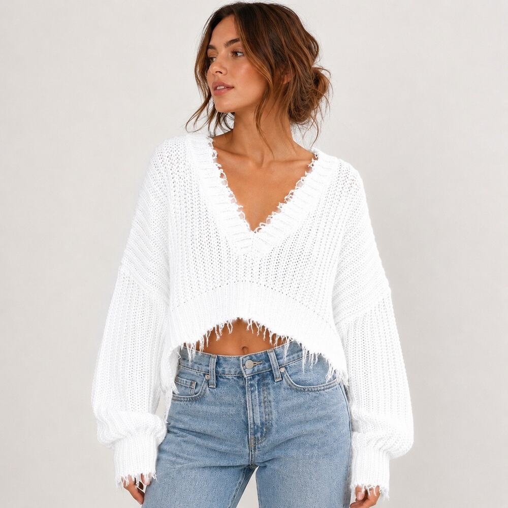 Wildfox Palmetto Sweater S Deep V White Reversible Distressed Cropped MSRP $165